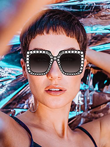 Frienda 12 Pairs Rhinestone Glasses Women Square Frame Oversized Crystal Sunglasses Diamond Sparkly Glitter Retro Disco Bling Sunglasses Bulk, Chic Colors4