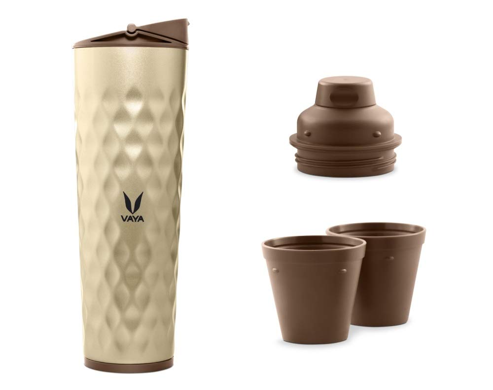 DRYNK 3 in 1 Stainless Steel Water Bottle (Tumbler+Sipper+Gulper) with 2 Cups, 600 ml, Gold