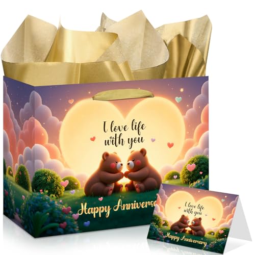 Happy Anniversary Bear Gift Bag I Love Life with You Cute Teddy Bear Anniversary Wedding Gift Bags with Wrapping Papers Card Anniversary Wedding Party Favor Bag for Husband Wife Men Women Romantic Partner