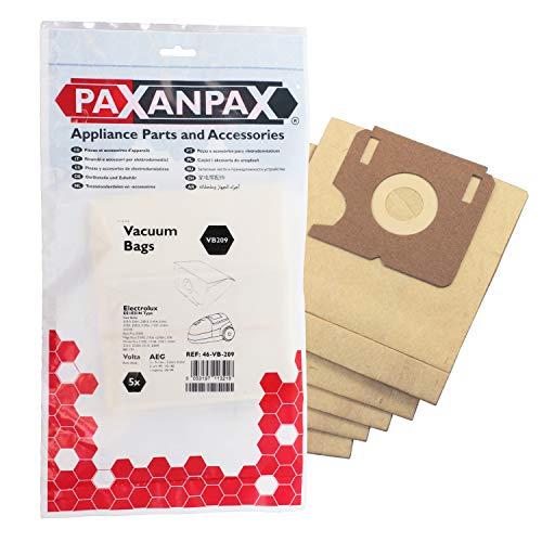 Paxanpax VB209 Compatible Paper Vacuum Bags for Electrolux 'E51/E51N, Elite, Z2320, Z2330, Filio Z1905, Mega Boss, Mondo Plus, Z2300-Z2315, Xio Z1005-1030 Series (Pack of 5), Brown