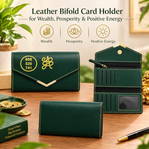 Image of Dark Green Artificial Leather Wallet for Women with Golden Engraved Zibu Symbol & Angelic Numbers | RFID Ladies Purse | Zip Around Card Holder | Stylish Clutch Wallet for Daily Use & Gift