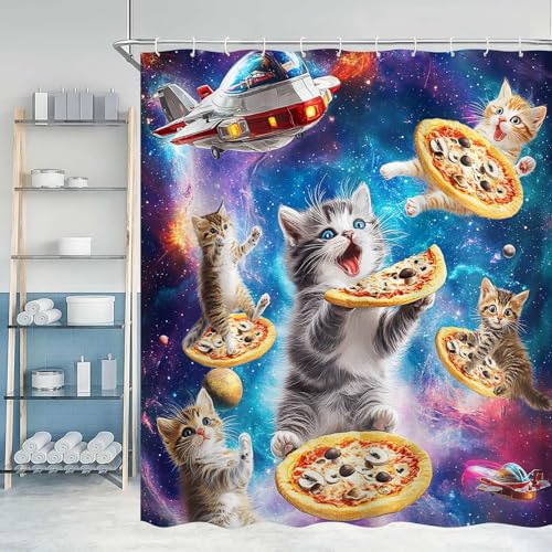Image of Funny Shower Curtain, Galaxy Space Cute Cat Pizza Colorful Fabric Bathroom Accessories Decor Curtain, Cute Hilarious Anime Boys Girls Shower Curtains for Bathroom, with Hooks 72x72 Inch