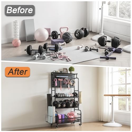 56\'\' Taller Home Gym Storage Organizer, Yoga Mat Storage Rack with Hanging Board, Exercise Workout Equipment Storage Stand for Home Gym, Dumbbell Holder Kettlebell Rack with Wheels and Hooks (Black)