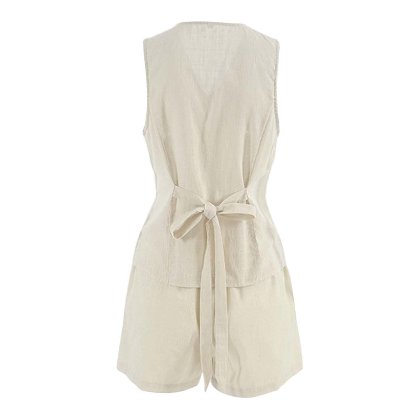 Générique sans manches en lin avec col en V boutonné pour femme Beige S ou M ensemble femme pantalon et haut fluide