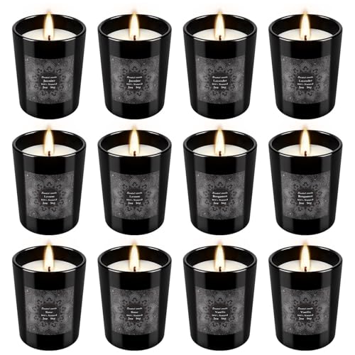 12-Pack Scented Candles Gift Set 2oz Soy Wax Aromatherapy Candles with 6 Assorted Fragrances Hand Poured Natural Essential Oil Jar Candles for Home Office Yoga Decor Birthday Christmas Mothers Day