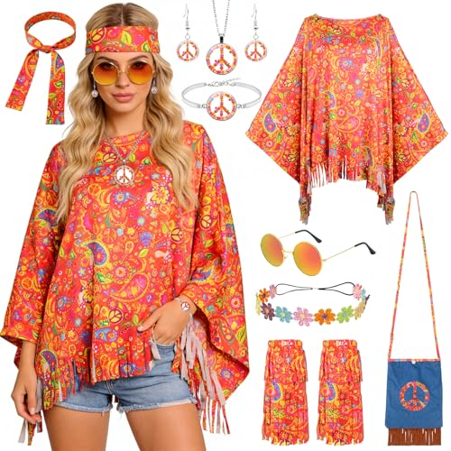 Hippie Kostüm Damen Set, Faschingskostüme Damen, 70er Jahre Outfit Damen mit Hippie Umhang, Bunter Umhängetasche, Sonnenbrille, 60er 70er Jahre Disko Kostüm Kleidung für Karneval Party (Orange)