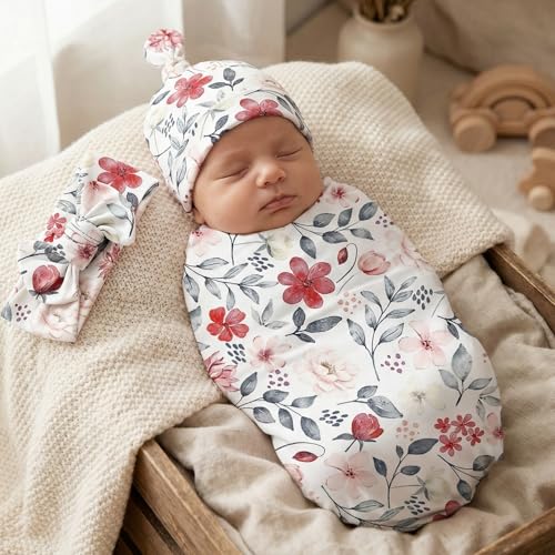 Image of Newborn Swaddle Set with Matching Headband Hat and Bow Set Floral Baby Girl Newborn Receiving Blankets Baby Swaddle Nursery Wildflower Baby Blanket