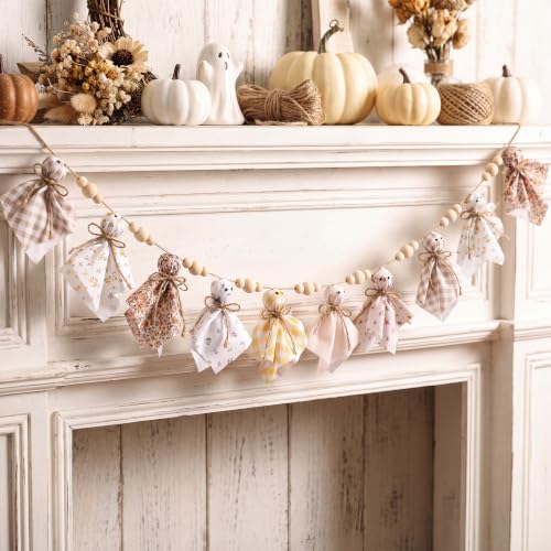 Dingion Halloween Ghost Garland 8.2 ft Rustic Fabric Ghost Decorations with Wooden Beads Boho Floral Gingham Farmhouse Spooky Cute Banner Halloween Themed Party Decor for Mantle Wall Door