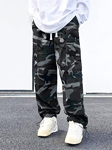 WDIRARA Men's Camo Print Drawstring Flap Pocket Side High Waist Cargo Pants3