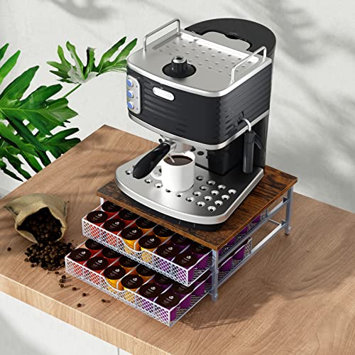 Coffee Pod Drawer Organizer For K Cups Storage Organizer 72 Capacity 2-Tier Coffee Pod Holder Station And Pod Capsule Storage Organizer With Drawer Baskets, Industrial Brown And Silver #TOP4