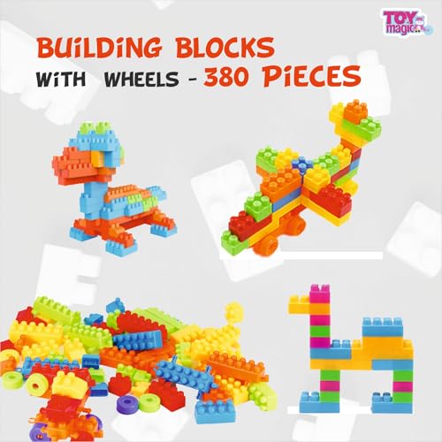 Image of ToyMagic Building Blocks with Wheels for Kids - 380 Pcs Colorful STEM Building Set with Interlocking Bricks & Moveable Wheels, Creativity & Motor Skills Boosting Blocks - Safe for Ages 3+