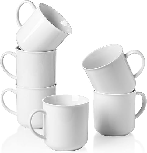 Juego de 6 tazas de café de cerámica, tazas de café de 15 onzas, tazas de café de porcelana con asa para café, té, cacao, blanco