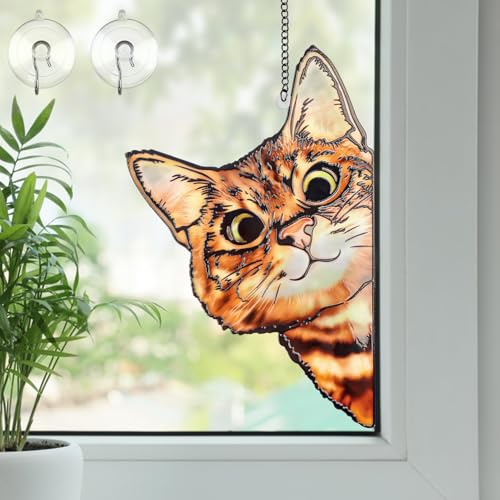 Remiawy Stained Glass Window Hanging, Funny Peeking Cat with Metal