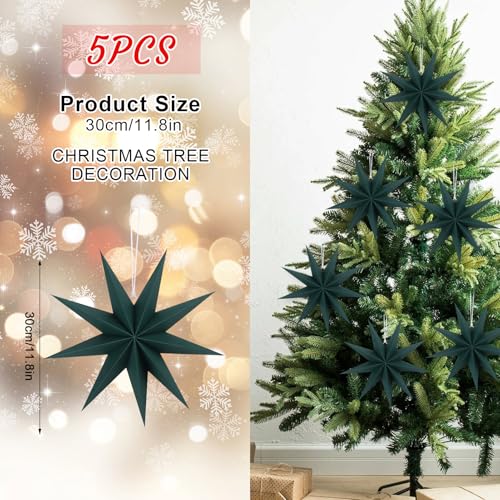 Image of 12 Inches 5 PCS Dark Green Paper Star Lanterns Christmas Party Decorations Hanging Stars Christmas Party Decorations Wedding Birthday Christmas Home Party Decorations(9 Pointed)