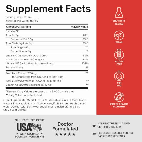 Image of Snap Supplements Nitric Oxide Beet Root Chews, Mixed Berry, 60 Soft Chews | 1,250mg Beet Root Extract per 2 chews CoQ10 & Acai for Cardiovascular, Clean Energy, & Circulation Support, Sugar-Free, Vegan