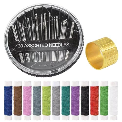 Nähnadeln Handnadeln, Nähset mit 30 Nähen Nadeln, 12 Farbige Garnrollen und 1 Fingerhut, Stopfnadeln Handnähnadeln, Sticknadeln für Webarbeit, Stricken, DIY Sticken, Nähen