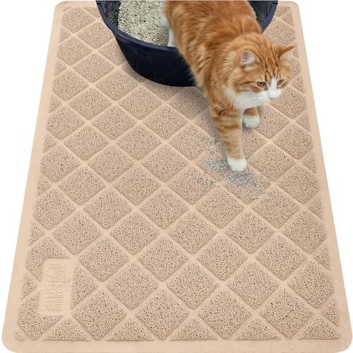 GORILLA GRIP Cat Litter Box Mat, 35x23, Cushioned Coil Mesh Litter Trapping Mats, Scatter Control Supplies for Less Mess, Phthalate Free, Ultra Deep Catch Grooves, Rinse or Vacuum to Clean, Beige