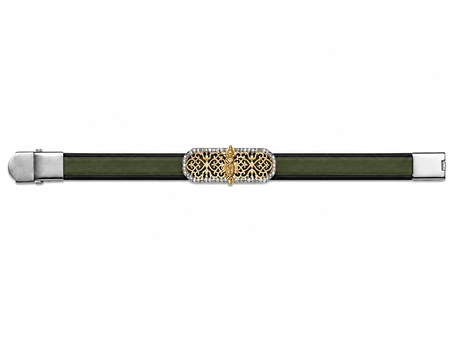 Men's Green Leather Bracelet with Gold Filigree Charm 999 PURE SILVER BELT-image-44