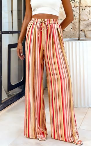 Image of PRETTYGARDEN Womens Pants Elastic Waist Floral Lightweight Palazzo Pants for Women Casual Lounge Wide Leg Pants Woman