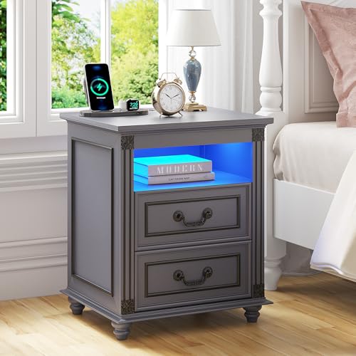 FREDEES Nachttisch mit Steckdose, LED Nachttisch mit Ladefunktion, Beistelltische mit 2 Schublade Holz Nachtkommode für Schlafzimmer/Wohnzimmer Grau
