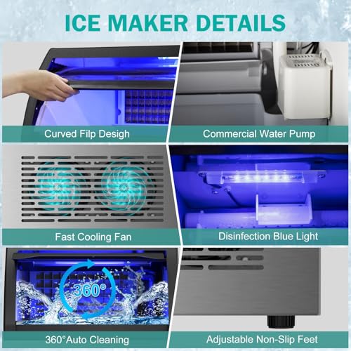 Image of Commercial Ice Maker Machine, 150Lbs /24H with 45Lbs Large Ice Capacity, 55Pcs Clear Ice Cubes Ready in 8-15Mins, Freestanding Stainless Steel Ice Making Machine for Home Party Bar
