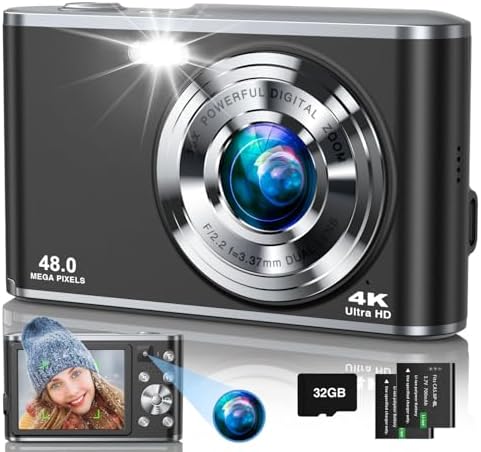 4K Digital Camera, 48MP Autofocus Camera Selfie with Front and Rear Dual Lenses, 32GB Card, 2 Batteries, 16X Digital Zoom, Compact Travel Vlogging Video Camera Gift for Kid Teen Beginner(Black)