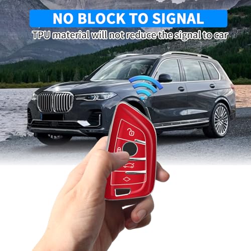 Image of QBUC for BMW Key Fob Cover with Leather Keychain | for BMW 2 5 6 7 Series X1 X2 X3 X5 X6 X7 Premium Soft TPU Key Fob Holder (1-Red)