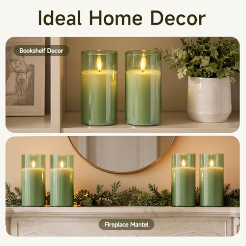 Image of Homemory Sage Green Glass Flameless Candles Battery Operated LED Pillar Candles with Remote and Timer, Real Wax Flickering Candles Home Decor, Wedding, Easter, Farmhouse, Table Centerpieces, Set of 2