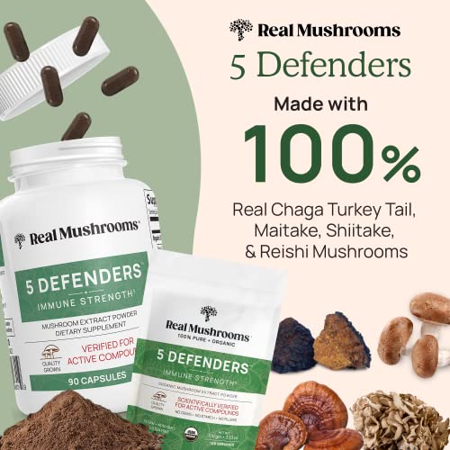 Real Mushrooms 5 Defenders Capsules - Organic Mushroom Extract W/Chaga, Shiitake, Maitake, Turkey Tail, & Reishi - Mushroom Supplement For Brain, Focus, & Immune Support - Vegan, Non-Gmo, 90 Caps #TOP1