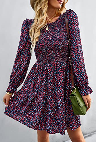 Image of KIRUNDO Long Sleeve Dress for Women 2025 Summer Fall Wedding Guest Smocked Floral Crewneck Ruffle A Line Flowy Mini Dress