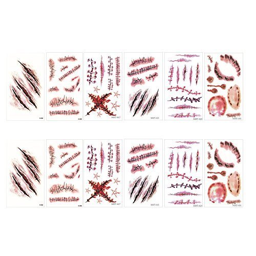 BCP 12 Sheets Realistic Fake Bleeding Wound Body Scar Tattoo Temporary Make up Stickers for Halloween Party Cosplay