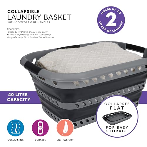 Collapsible Laundry Basket | Portable | Space Saver Storage | Hold 2 Loads | Store Under the Bed or Closet | Good for Kids | Dorm | Bedroom | Large | Grey/Black - Image 3