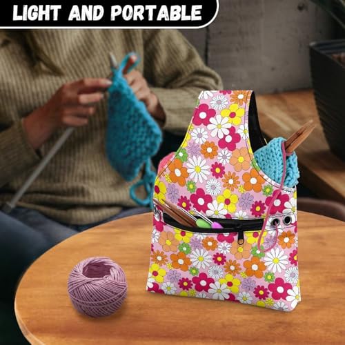 Image of ZUXONGSY Colorful Daisy Yarn Bag for Knitting Pink Knitting Crochet Tote Bag for Women Yarn Tote Handbags for Crocheting