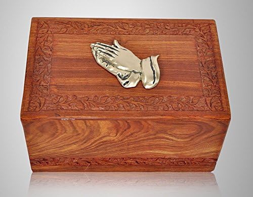 Solid Rosewood Urn with Brass Praying Hand, Adult, Beautiful and Affordable Cremation Urn