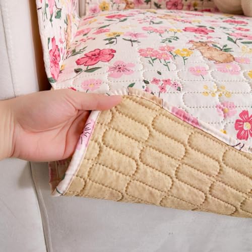 Image of HOMETHREADS Premium Style Anti Slip Sofa Cover Set | Cotton Sofa Slipcover | 1Pc Front Cover with Attached Armrest + 1Pc Back Cover (Cream Pink Flower, 2 Seater | 120x185cm)