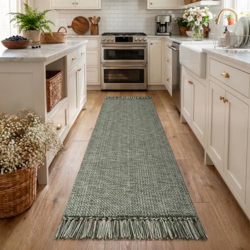 Collive Boho Kitchen Runner Rug, 2' x 7' Sage Green Modern Bathroom Mats