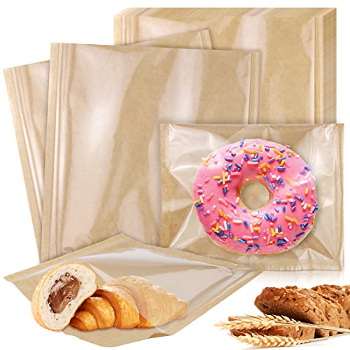 Vmiapxo 150 Pack Heat-Sealable Bakery Bags With Window, Greaseproof Paper Pastry Treat Bags For Bread Cookie Sandwich Baked Goods Gift Giving (Brown 7.5" X 7.8") #TOP16