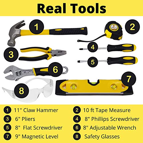 SparkJump Deluxe Kids Tool Set with Real Hand Tools, Durable Water Resistant Canvas Kids Tool Bag, Real Leather Kids Tool Belt Fits Waist 20\"-32\", Kids Real Tool Set for DIY and Home Woodworking