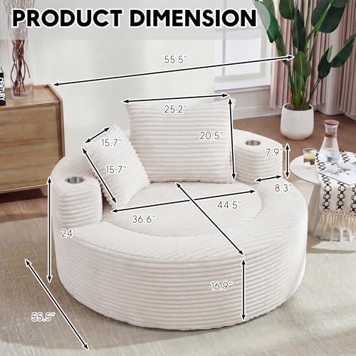 Image of Oversized Round Chair Lounge Chaise Indoor, 55.5 inch Upholstered Corduroy Deep Seat Single Cloud Sofa Chair with Cup Holder, Modern Large Circle Boneless Sleeper Sofa for Living Room, Beige White