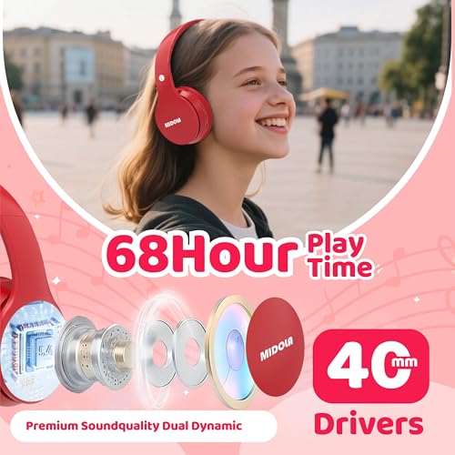 Image of MIDOLA Kids Headphones Bluetooth 5.3 Wireless 60H Play Time Volume Limit 85 /110dB Over Ear Foldable Protection Headset /Wired AUX Cord Mic for Children Boy Girl Travel School Phone Pad Tablet Red