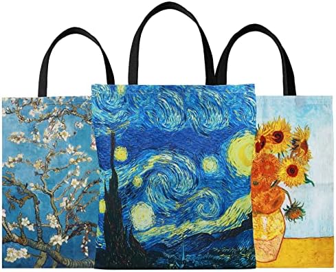 SuyuanArt 3 Pack Aesthetic Vintage Cute Tote Bag,Van Gogh Claude