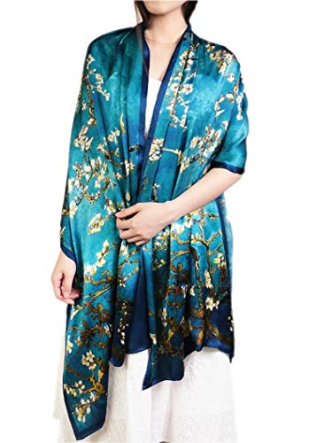 prettystern 100% Soie Écharpe Etole Foulard Volée Bleu Xxl Grande-taille Van Gogh Art - Branches Fleuries D'amandier P318 Cover