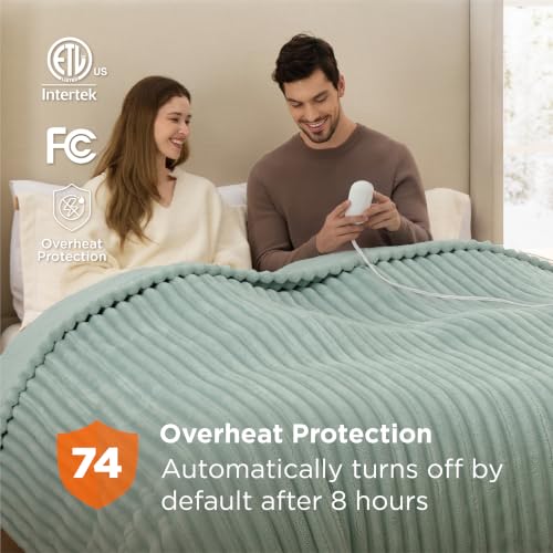 Image of Bedsure Electric Blanket Queen Size - Thick Striped Flannel Electric Blanket with Dual Control, Heating with 6 Heat Settings & 6 Time Settings, 8 hrs Timer Auto Shut Off (84x90 inches, Green)