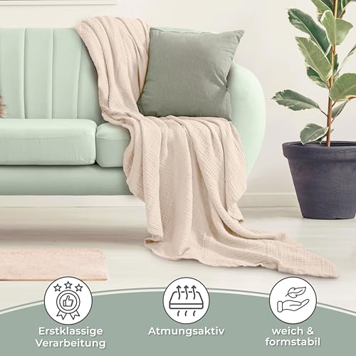 LAYNENBURG Premium Musselin Tagesdecke 150x200 cm - 100% Baumwolle - extraweiche, leichte Sommerdecke als Kuscheldecke, Bett-Überwurf, Baumwolldecke, Couch-Überwurf - warme Sofa-Decke (Beige)