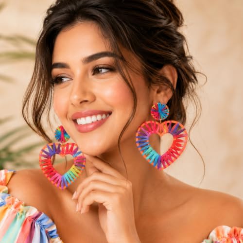 Image of Young & Forever Boho Rainbow Raffia Earring Pack - Handmade Woven Straw Geometric C-Hoop, Heart & Statement Drop Earrings for Women, Summer Beach Vacation Jewelry