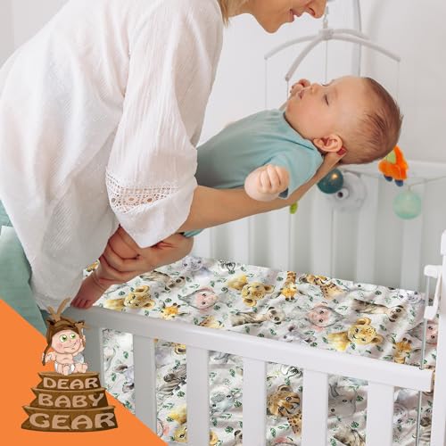 Image of Dear Baby Gear Deluxe Baby Crib Sheet - Cotton Polyester Infant Sheets - Soft Machine-Washable Crib Mattress Cover - Newborn Nursery Bedsheet -Safari Animals with Palm Leaves Print, 52x28x10