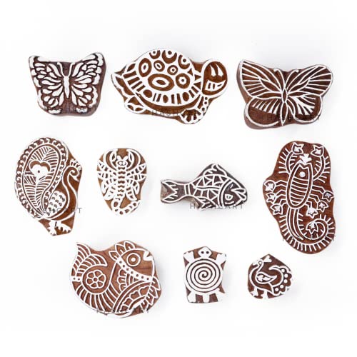 Image of Set of 10 | Wooden Animal Shape Printing Stamps Design Blocks for Baren Printing Stamps | Scrapbooking | Fabric Designing | Art Craft | Pottery Craft | Project Making