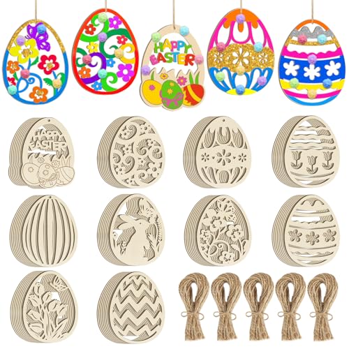 50 colgantes de madera para niños, manualidades de Pascua, conejos de Pascua, flores, manualidades para pintar, colgantes de madera para niños, huevos de Pascua