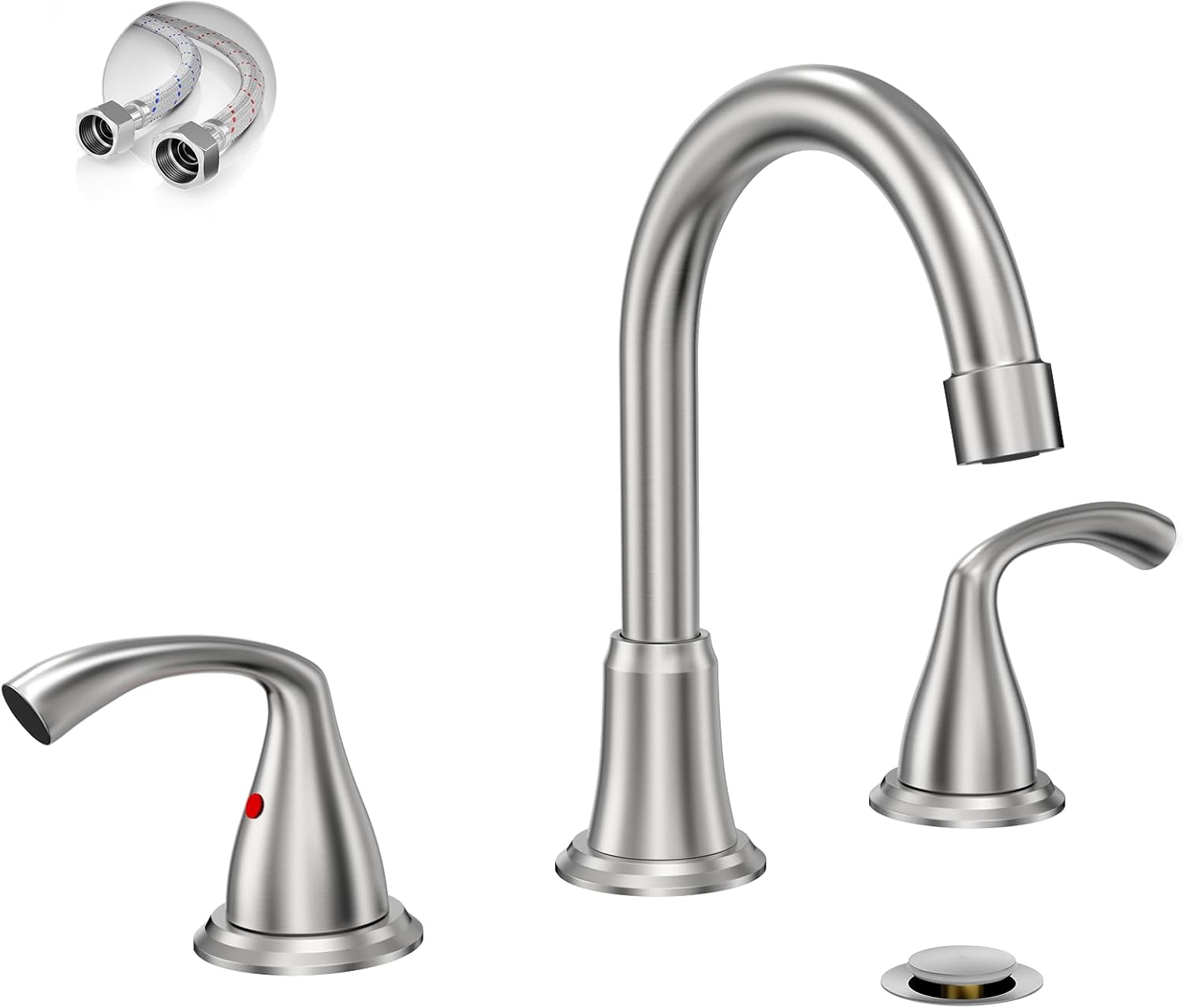 Phiestina 8 Inch Brushed Nickel Widespread Bathroom Sink Faucet, 2 Handle 3 Hole Bathroom Faucet with Metal Pop up Drain and Water Supply Lines, WFJC180-BN