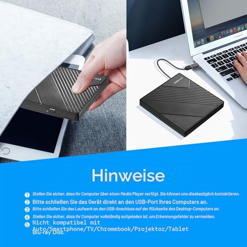 Amicool Externes DVD Laufwerk Extern USB 3.0 USB C CD Laufwerk für Laptop Desktop PC MacBook Externer DVD Brenner Windows 7/8.1/10/11 Linux Mac OS CD/DVD Reader Tragbar +/-RW ROM Optisches Drive